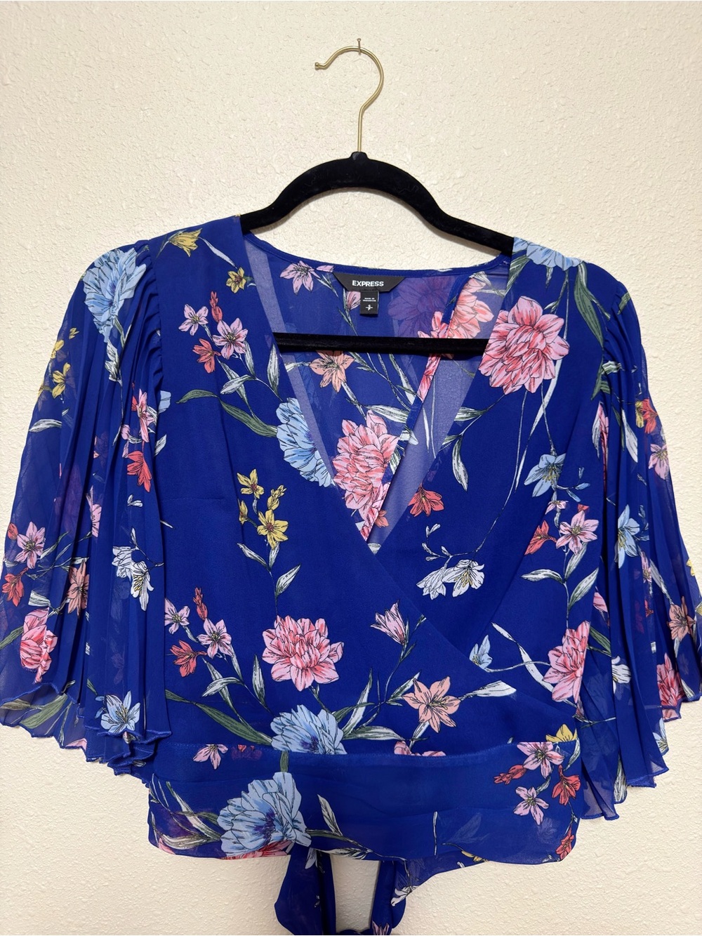 Express Blue Floral Wrap Top with Tie Waist